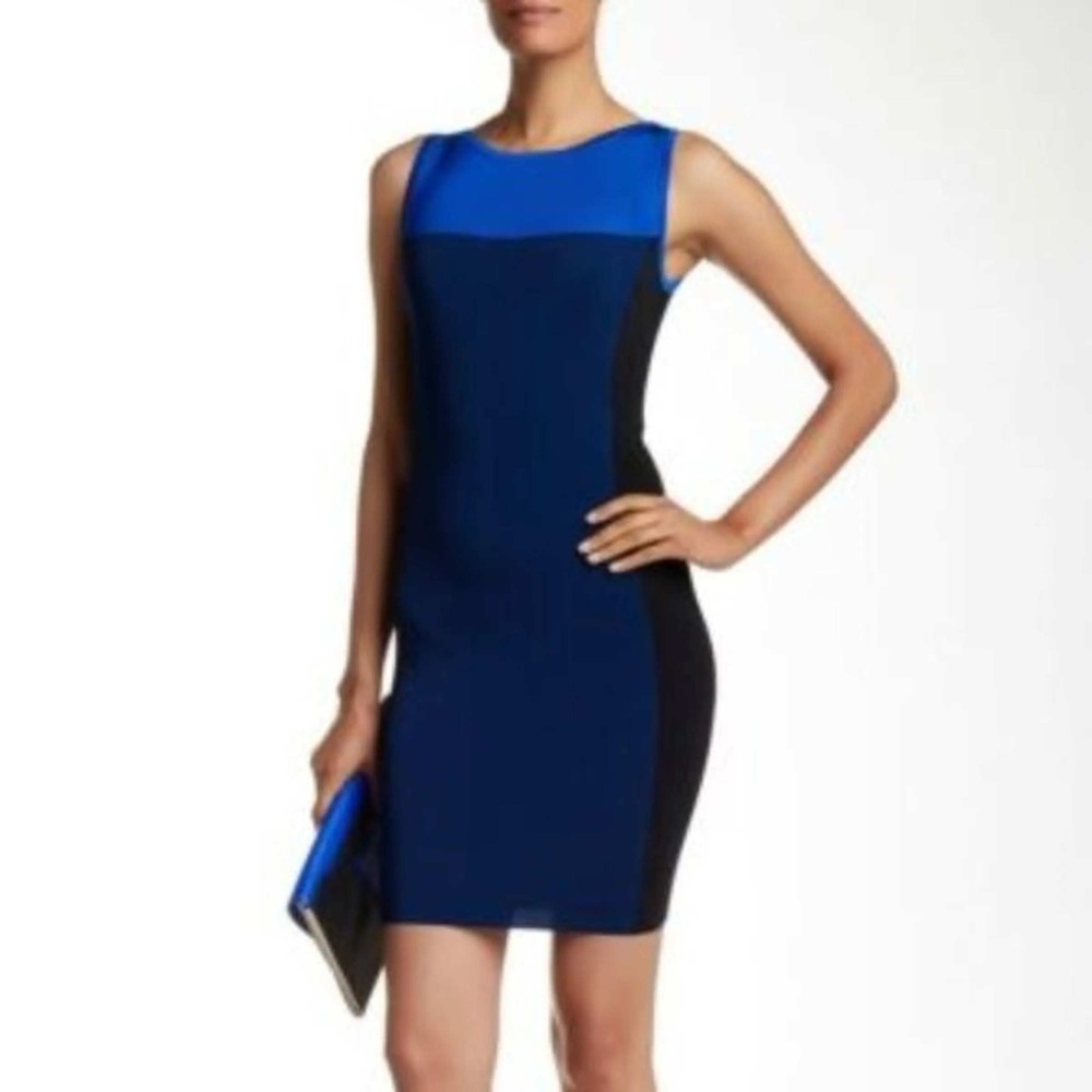 Halston Heritage Blue Black Colorblock Ribbed‎ Bandage Bodycon Dress